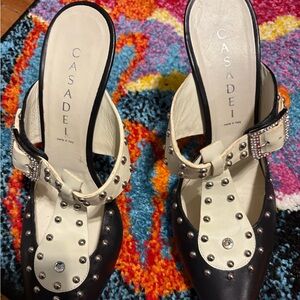 Casadei Black and Cream Studded Mules
